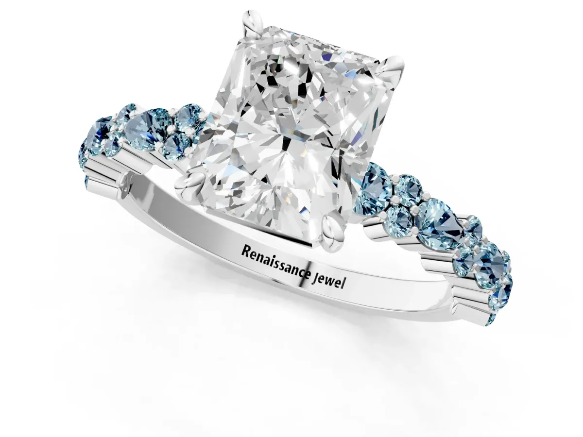 Radiant Cut Diamond Side Stone Solitaire Ring with Round Aquamarine and Four-Prong Setting Silver