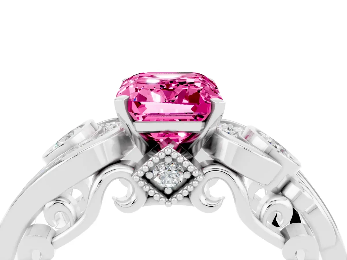 Emerald Cut Pink Sapphire Solitaire Ring with Milgrain Pavé Band and Four-Prong Setting Silver