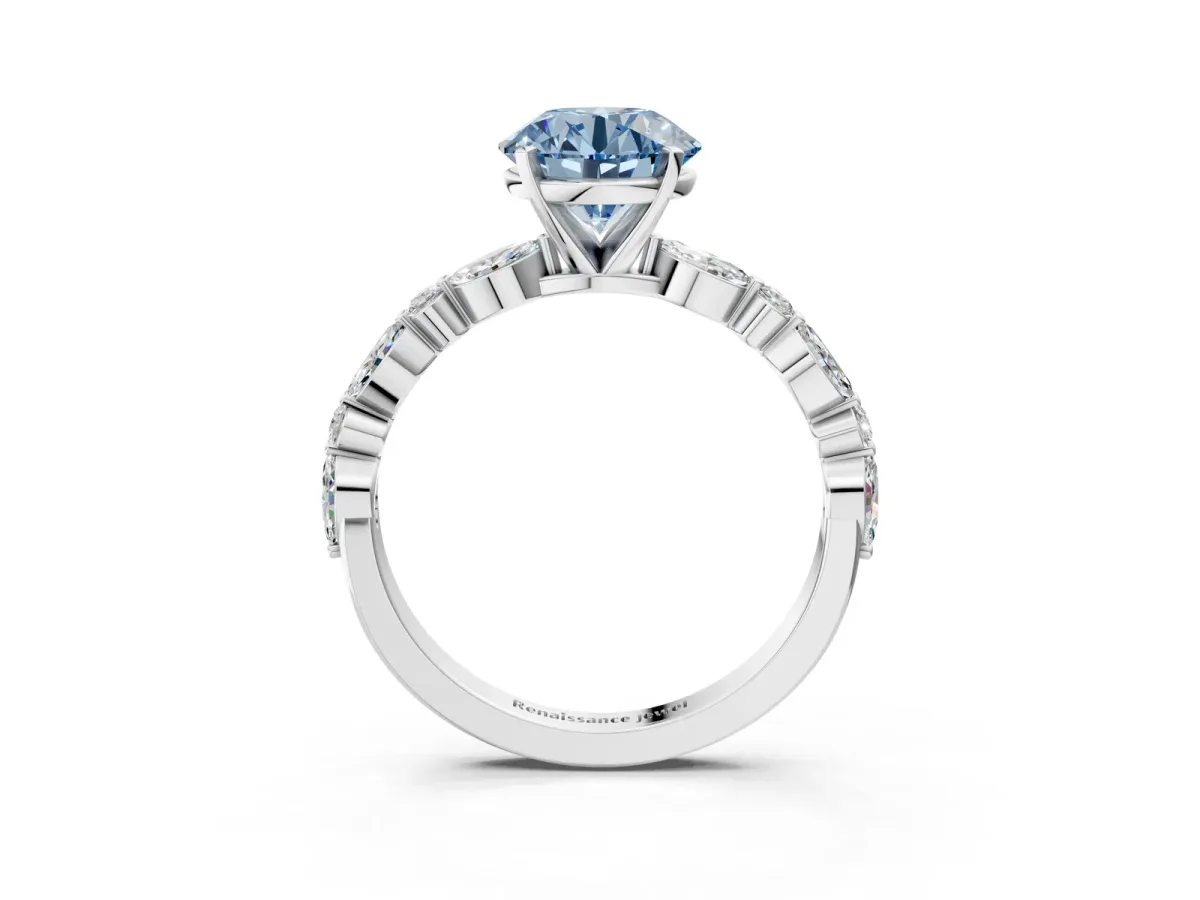 Fancy Blue Round Cut Diamond Ring with Marquise and Round Side Stones and Four-Prong Setting Silver