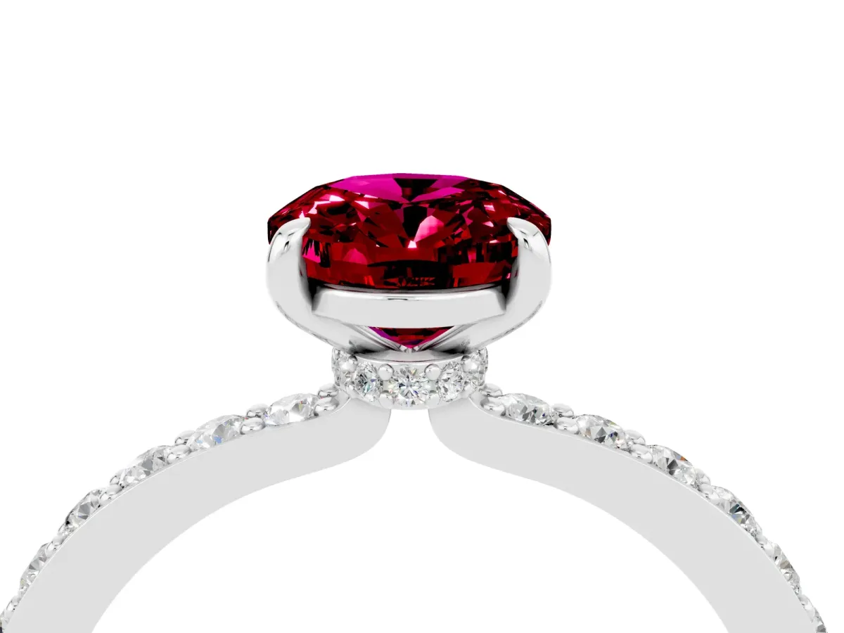 Oval Cut Garnet Solitaire Engagement Ring with Pavé Band and Four-Prong Setting Silver