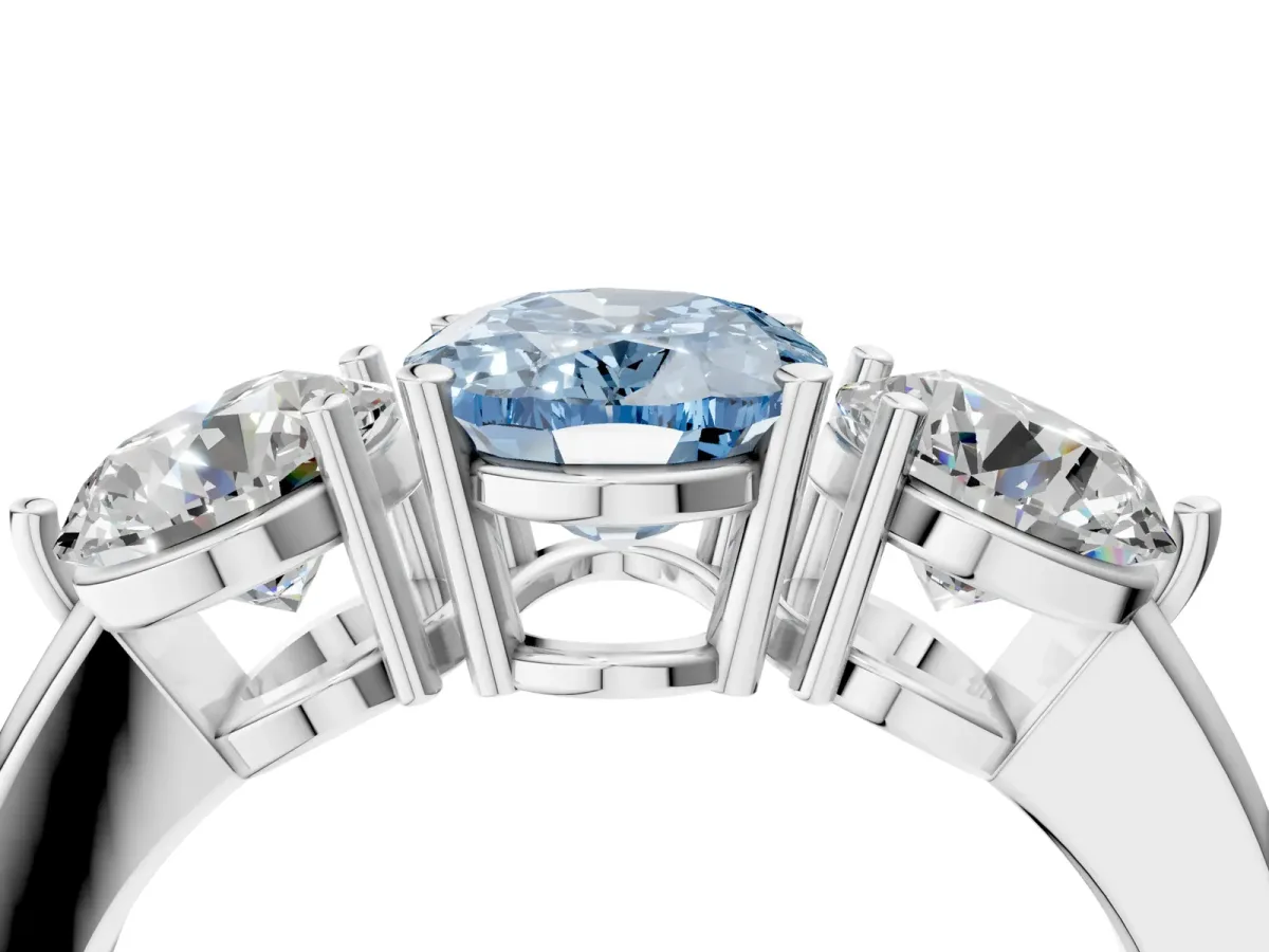 Fancy Blue Oval Cut Diamond Three-Stone Ring with Prong Setting and Classic Band White gold