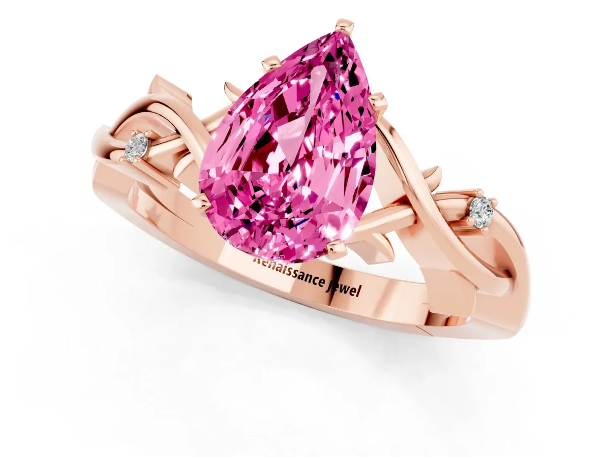 Pear Cut Pink Sapphire Solitaire Ring with Twisted Band and Prong Setting Rose gold