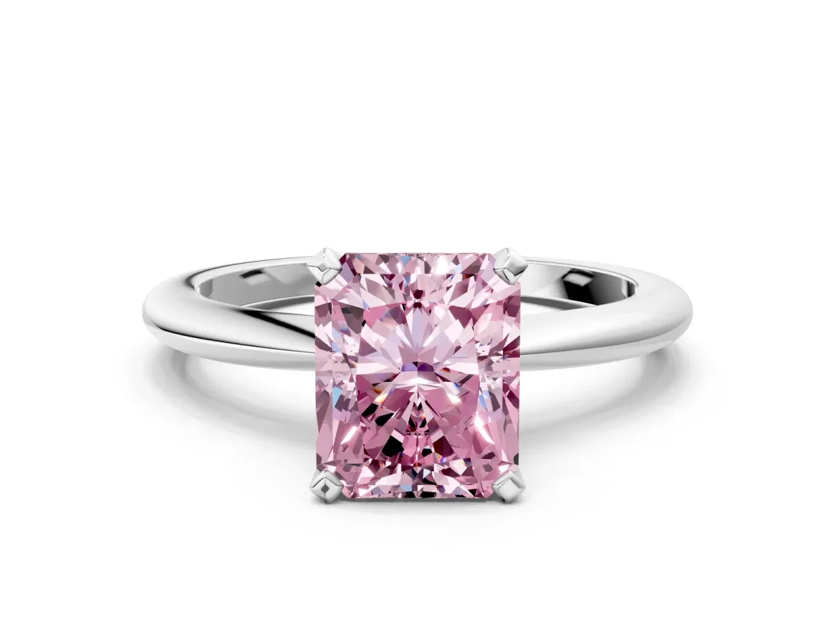 Fancy Pink Radiant Cut Diamond Solitaire Ring with Six-Prong Setting and Classic Band Silver