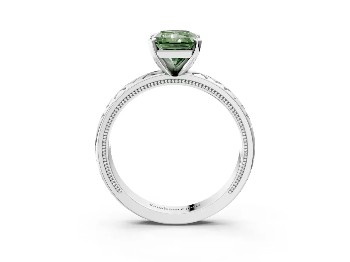 Fancy Green Radiant Cut Solitaire Diamond Ring with Milgrain and Black Enamel X Pattern Band Platinum