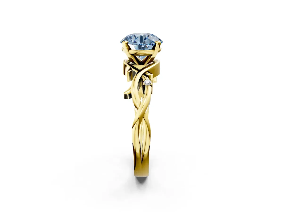 Fancy Blue Round Cut Diamond Solitaire Ring with Twisted Band and Prong Setting Yellow gold