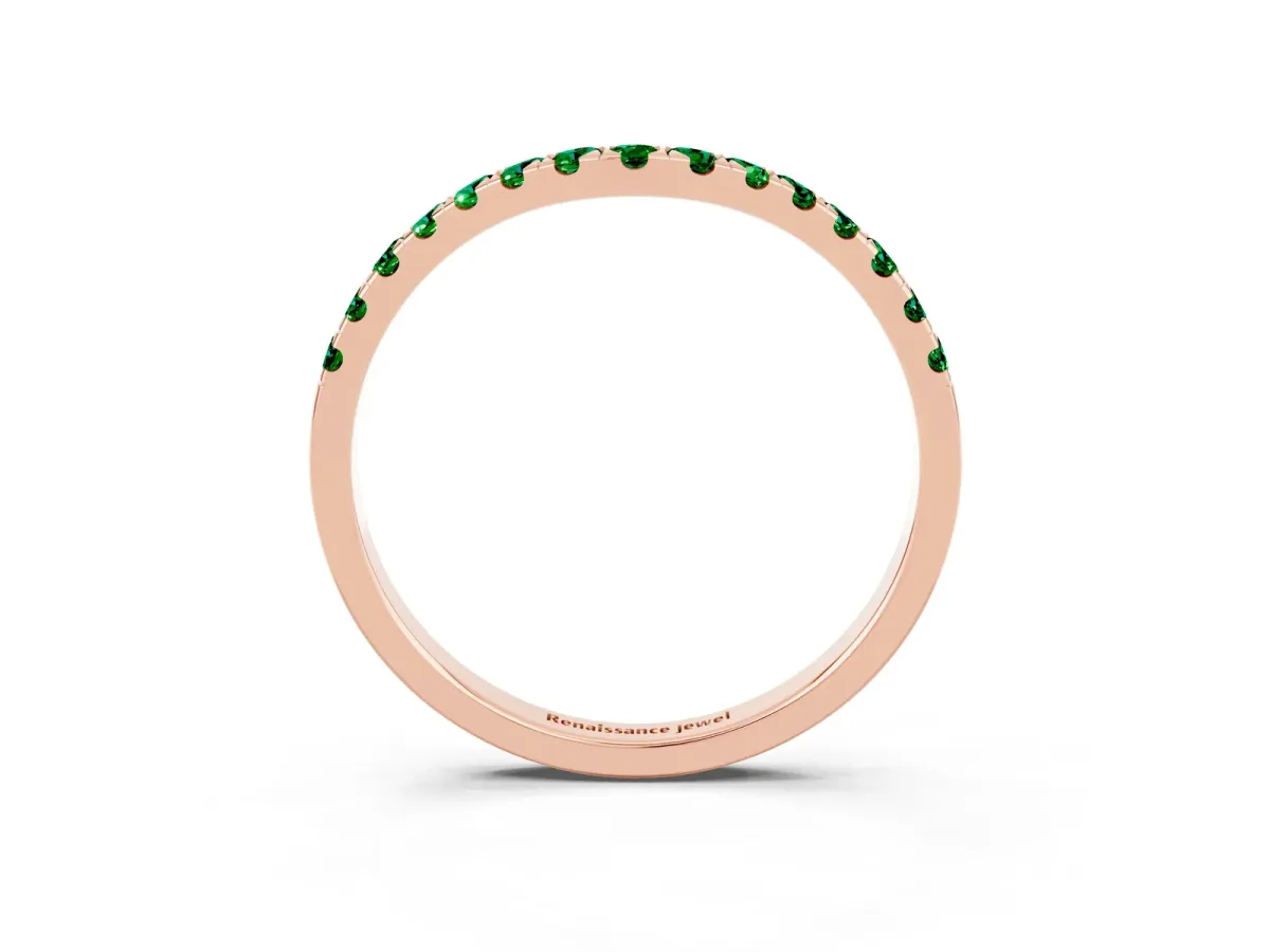 Curved Pavé Round Emerald Wedding Band with Shared Prong Setting Rose gold