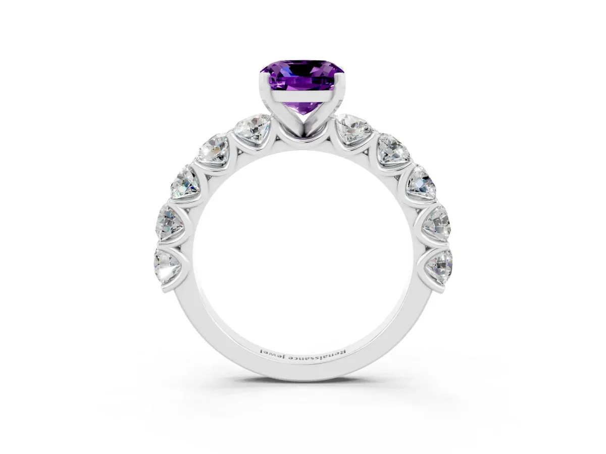 Cushion Cut Amethyst Prong Setting with Side Stones on a Pave Band Platinum