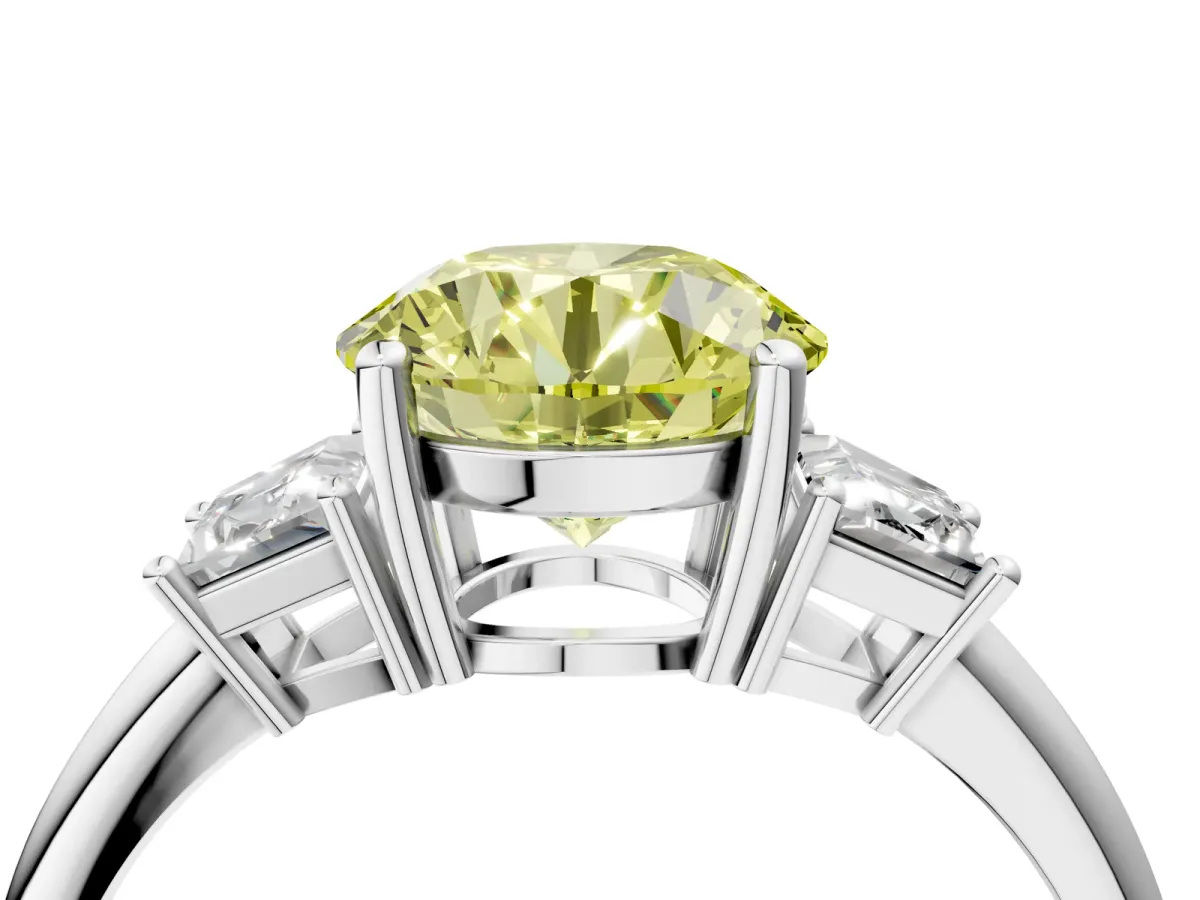 Fancy Yellow Round Cut Diamond Three-Stone Ring with Trapezoid Side Stones and Prong Setting Silver