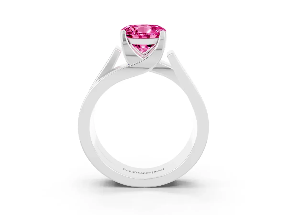 Modern Tension Set Round Cut Pink Sapphire Solitaire Wide Band Ring Silver