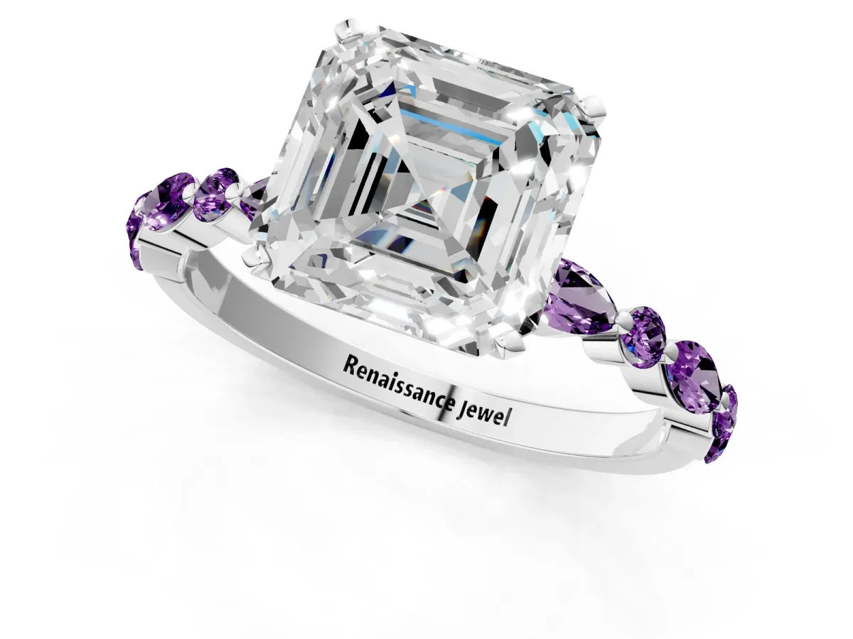 Asscher Cut Diamond Ring with Marquise and Round Amethyst Side Stones and Four-Prong Setting Silver