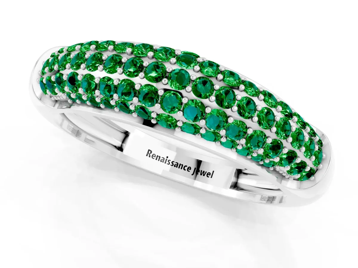 Three-Row Pavé Round Emerald Dome Band Platinum