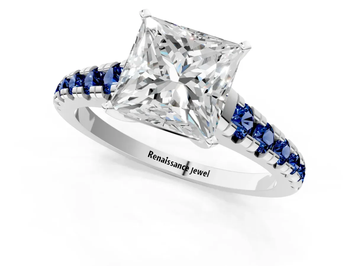 Princess Cut Diamond Cathedral Solitaire Ring with Round Blue Sapphire Pavé Band Silver
