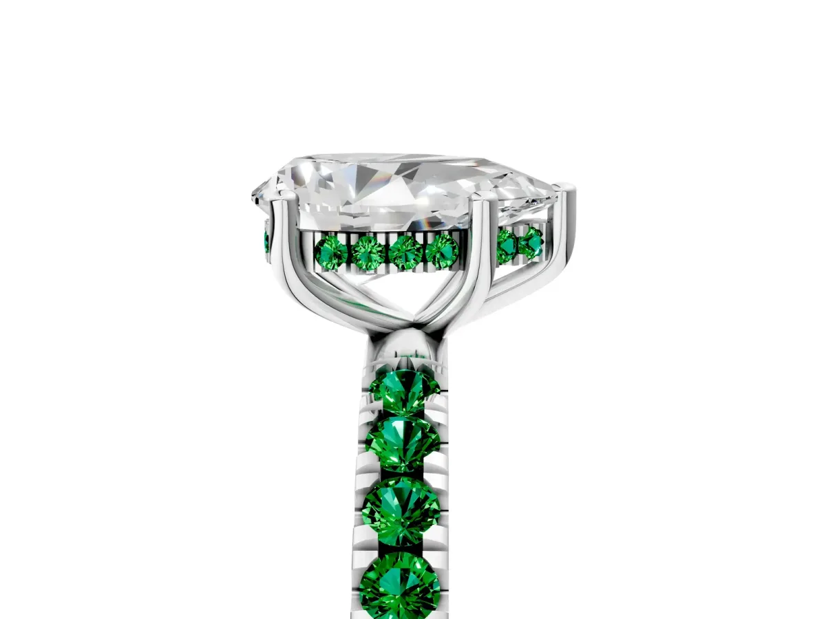 Pear Cut Diamond Pave Band Solitaire Ring with Round Emerald and Prong Setting White gold