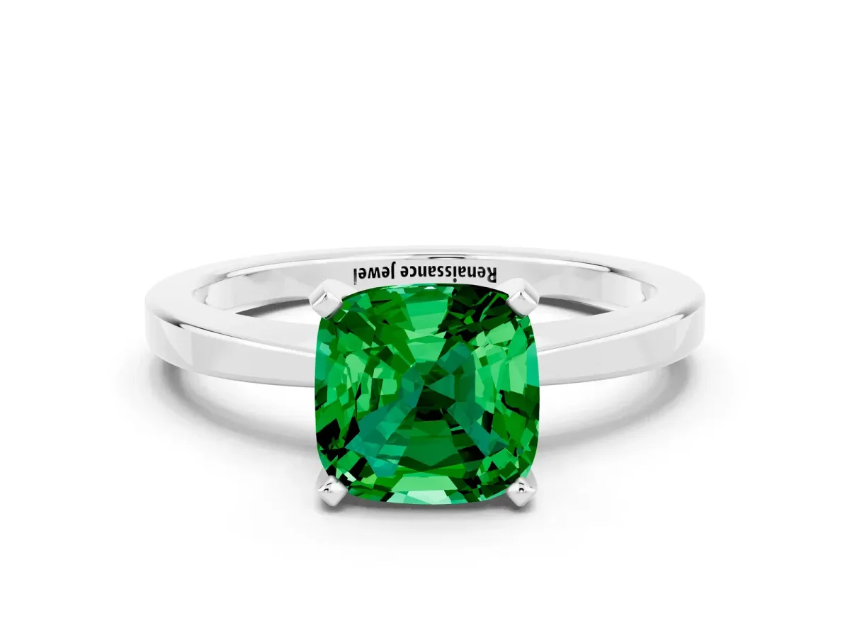 Cushion Cut Emerald Solitaire Engagement Ring with Classic Band and Four-Prong Setting Silver