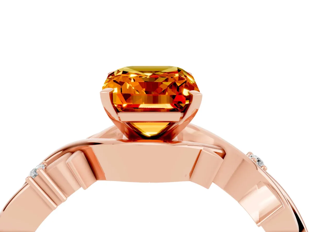 Emerald Cut Citrine Solitaire Ring with Twisted Band and Prong Setting Rose gold