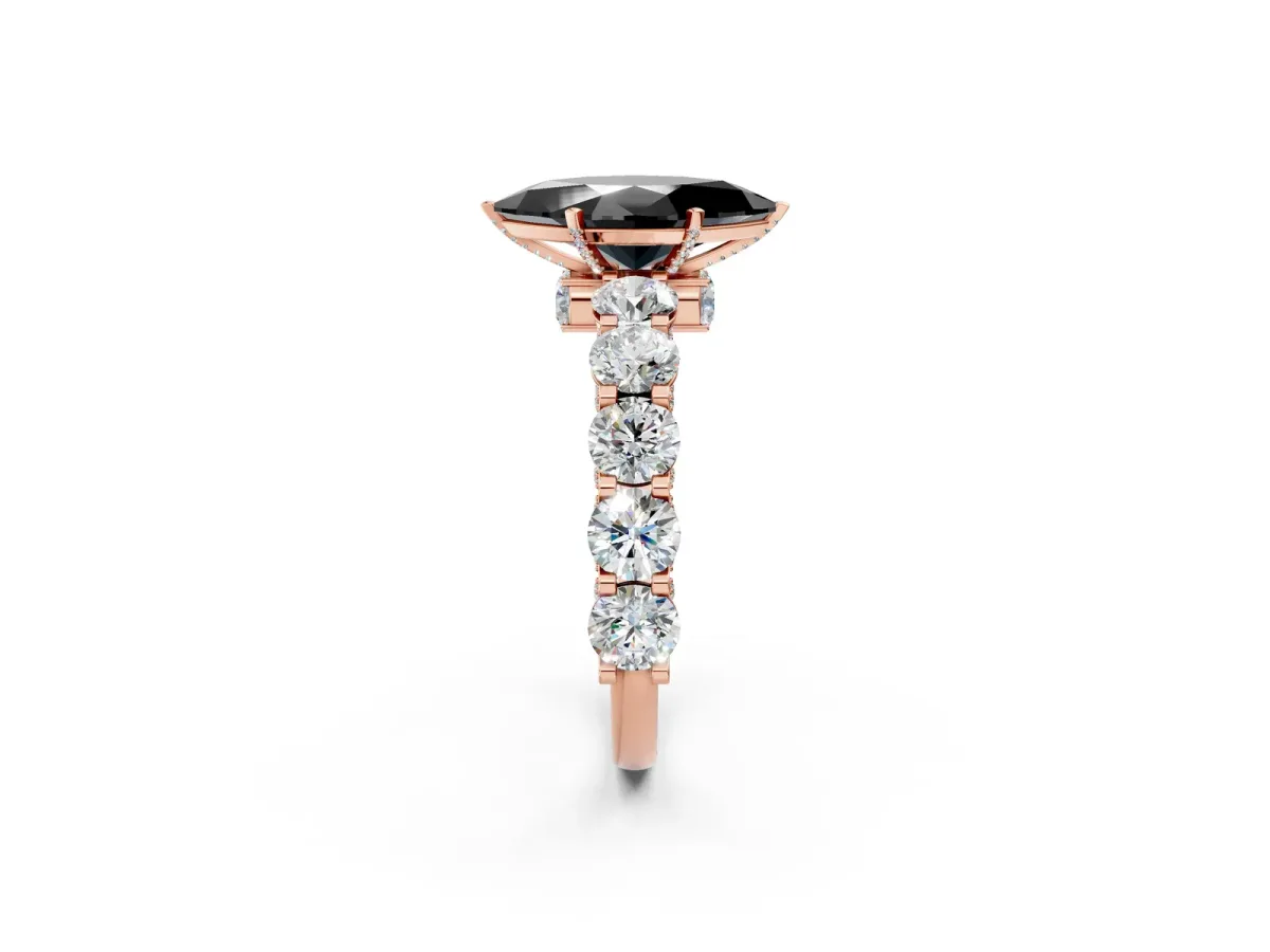 Fancy Black Marquise Cut Diamond Side Stone Engagement Ring with Four-Prong Setting Rose gold