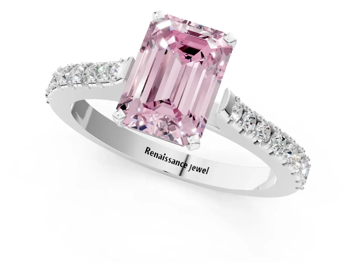 Fancy Pink Emerald Cut Cut Solitaire Diamond Engagement Ring with Pave Band and Four-Prong Setting Silver