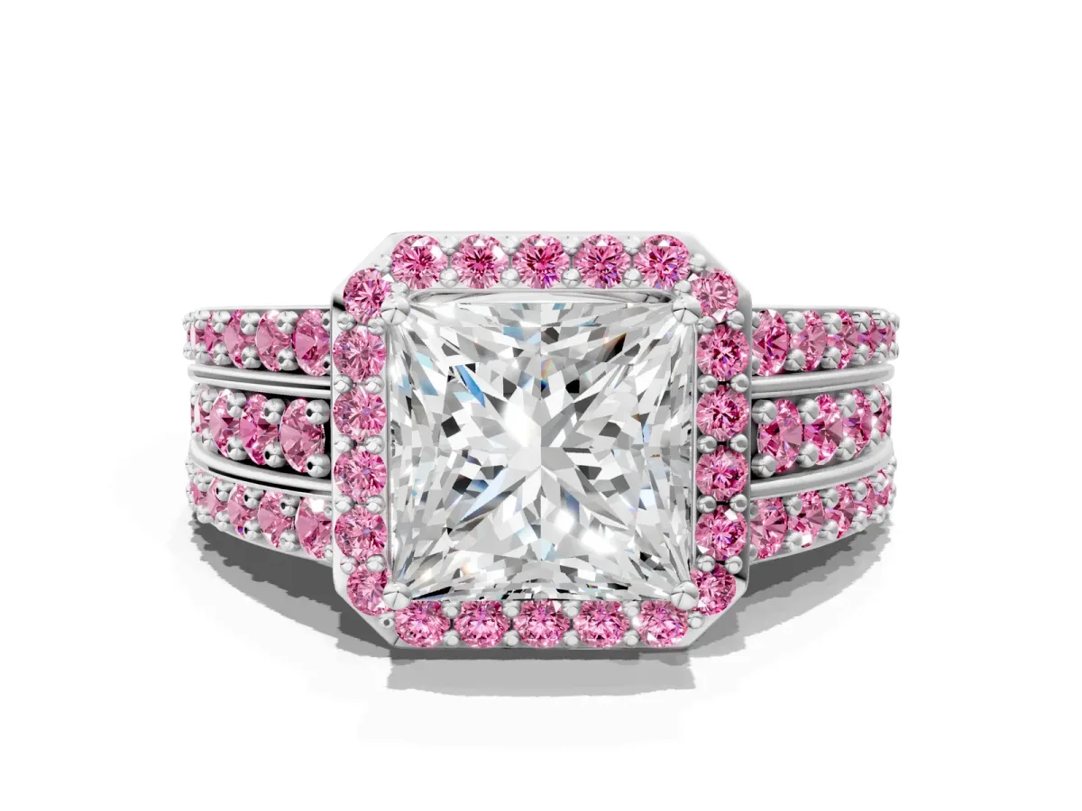 Princess Cut Halo Diamond Ring with Round Pink Sapphire Split Shank and Prong Setting Silver