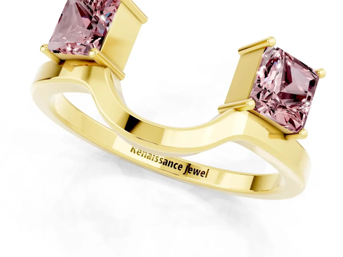 Princess Cut Morganite Two-Stone Open Band Ring with Four-Prong Setting Yellow gold