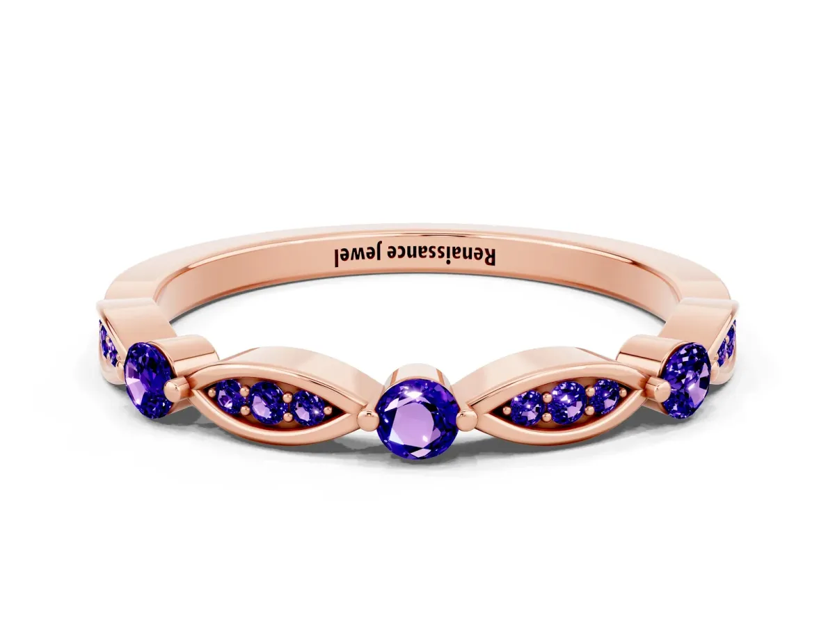 Marquise and Round Tanzanite Milgrain Band with Bezel Setting Rose gold