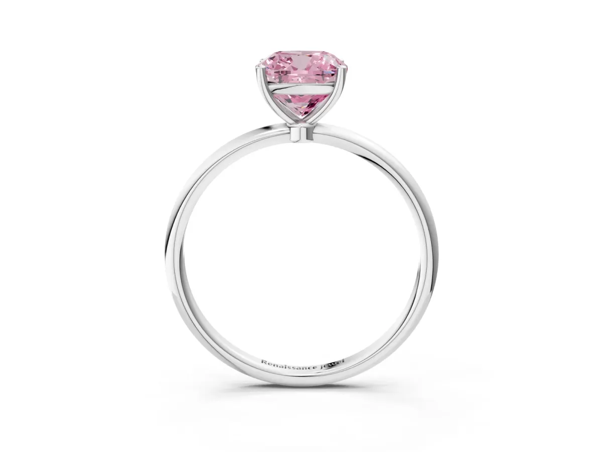 Fancy Pink Cushion Cut Cut Solitaire Engagement Ring with Thin Band and Four-Prong Setting Silver