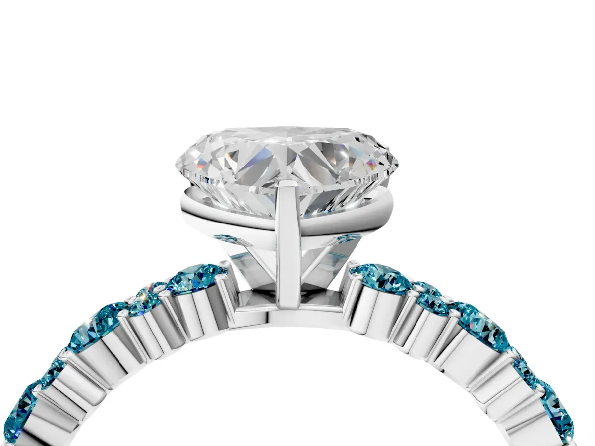 Heart Cut Diamond Side Stone Solitaire Ring with Round Blue Topaz and Four-Prong Setting Silver