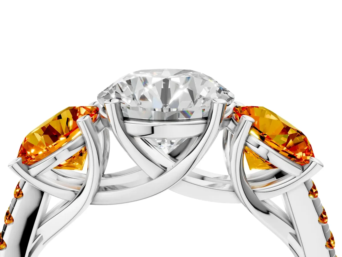 Three-Stone Round Cut Diamond Ring with Round Citrine Pavé Band and Prong Setting Platinum