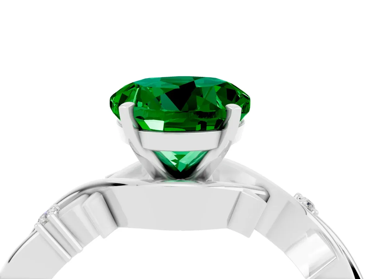 Round Cut Emerald Solitaire Ring with Twisted Band and Prong Setting Platinum