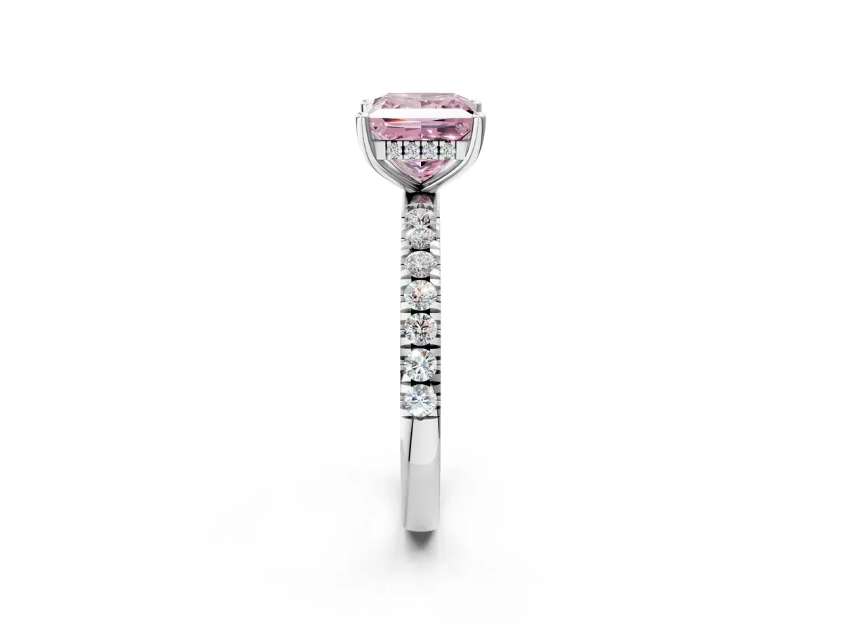 Fancy Pink Princess Cut Diamond Pave Band Solitaire Ring with Round and Prong Setting Silver
