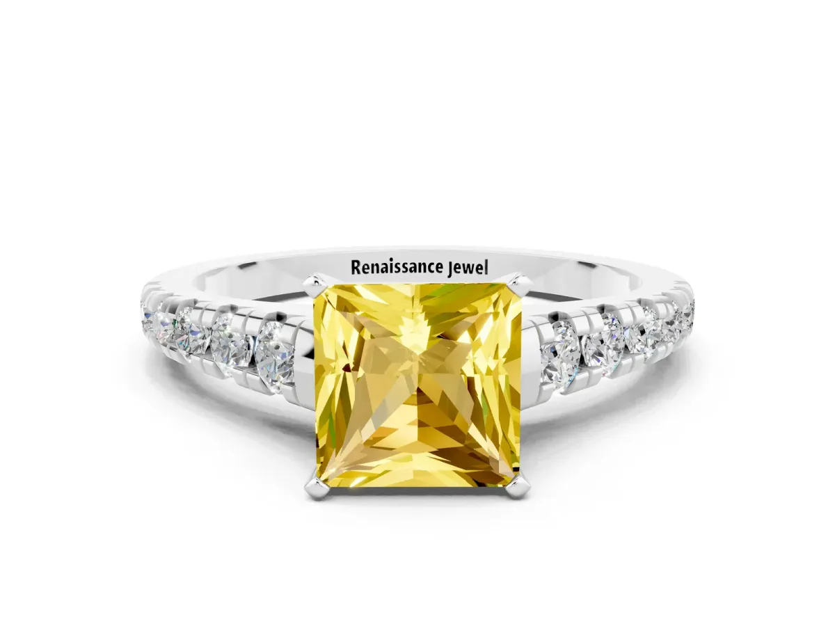 Princess Cut Yellow Sapphire Cathedral Solitaire Ring with Round Pavé Band Silver