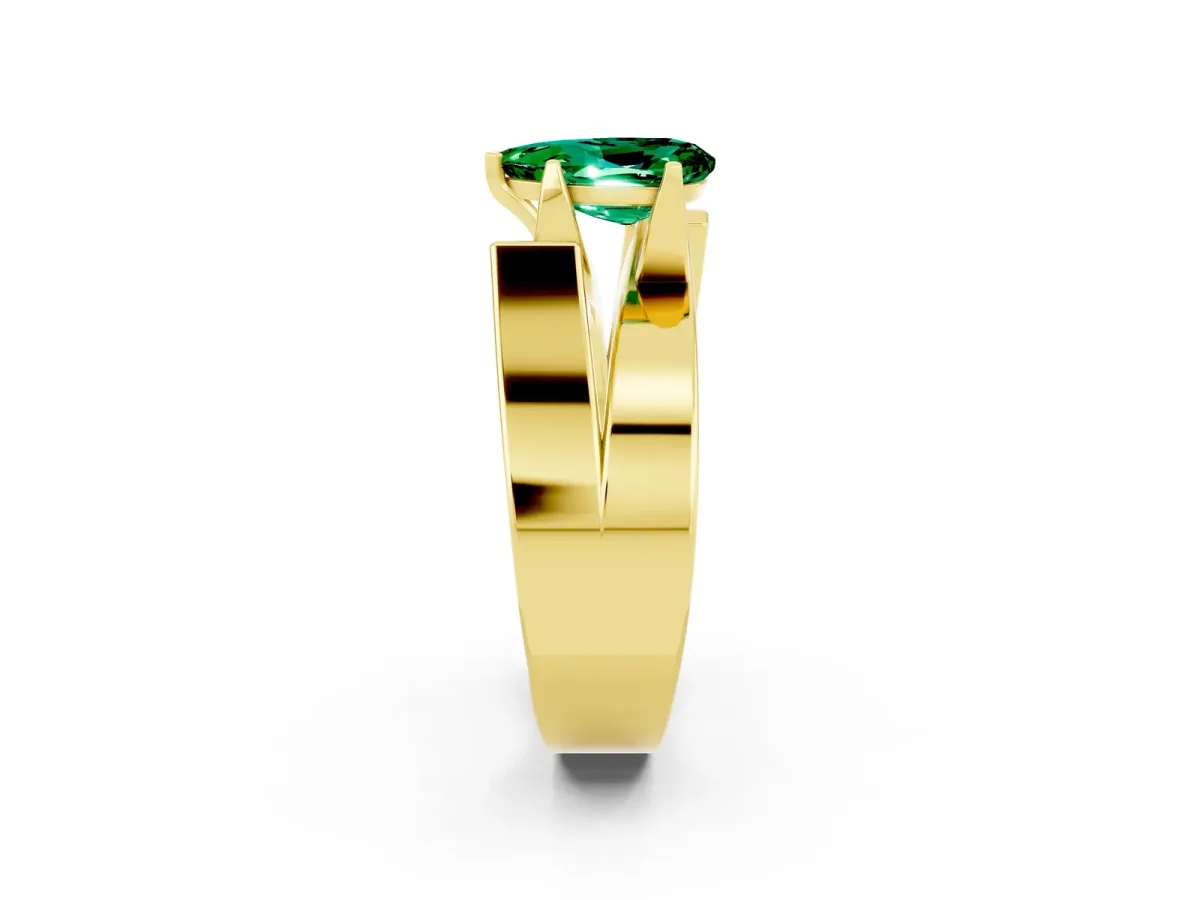 Modern Tension Set Pear Cut Emerald Solitaire Wide Band Ring Yellow gold