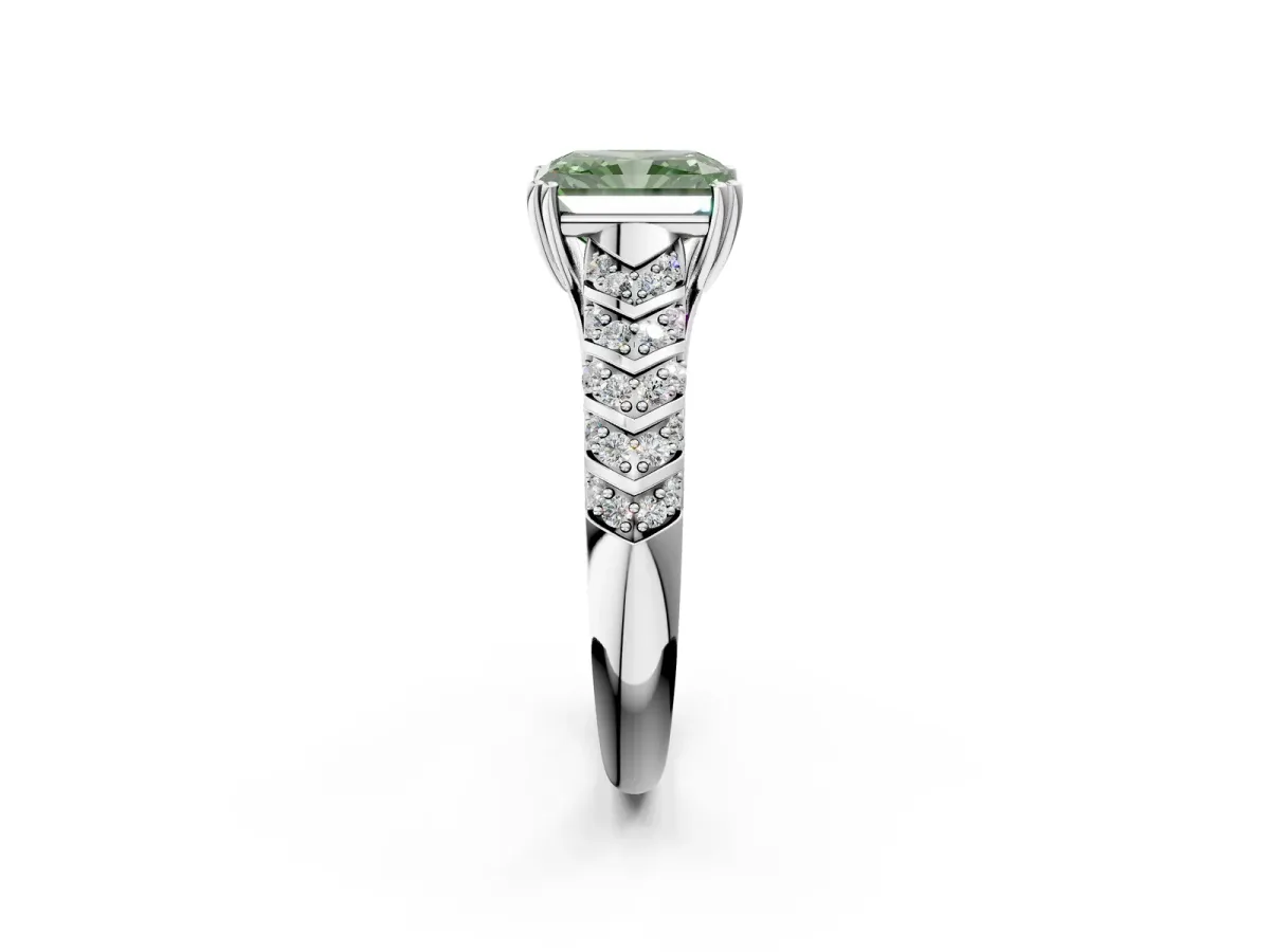 Fancy Green Radiant Cut Solitaire Chevron Pave Diamond Engagement Ring with Six-Prong Setting Platinum