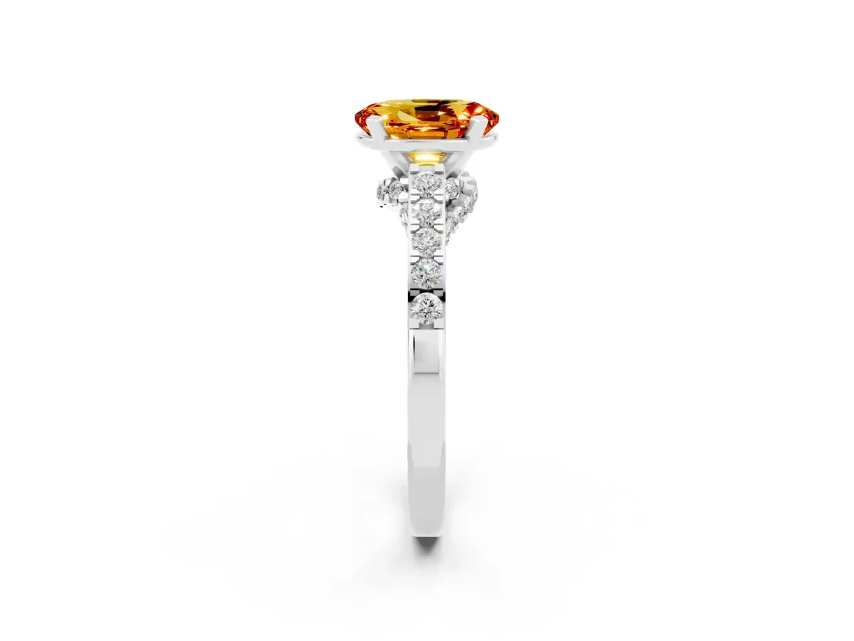 Oval Cut Citrine Solitaire Ring with Crossover Gallery and Round Pavé Band Silver