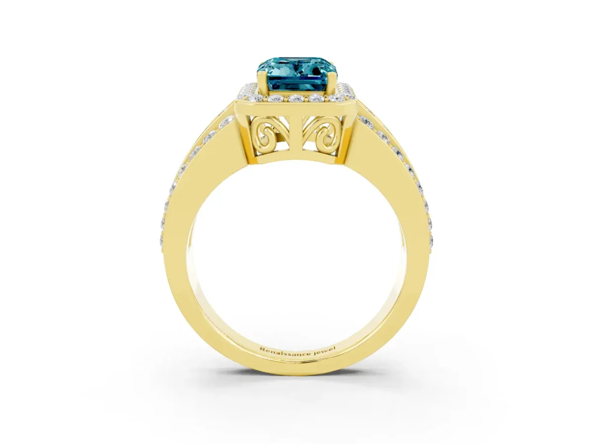 Emerald Cut Halo Blue Topaz Ring with Round Split Shank and Prong Setting Yellow gold