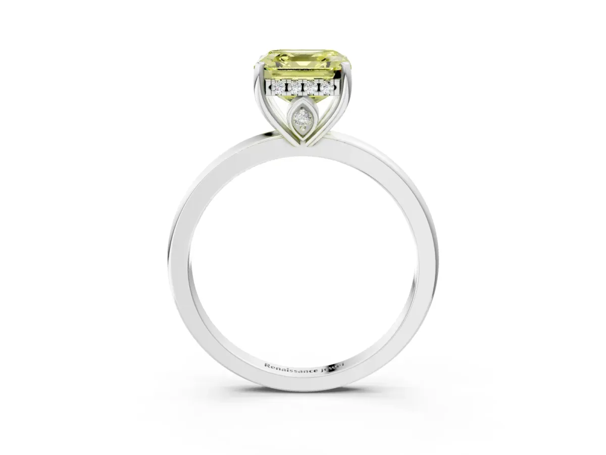 Fancy Yellow Asscher Cut Solitaire Diamond Ring with Prong Setting and Plain Band Silver