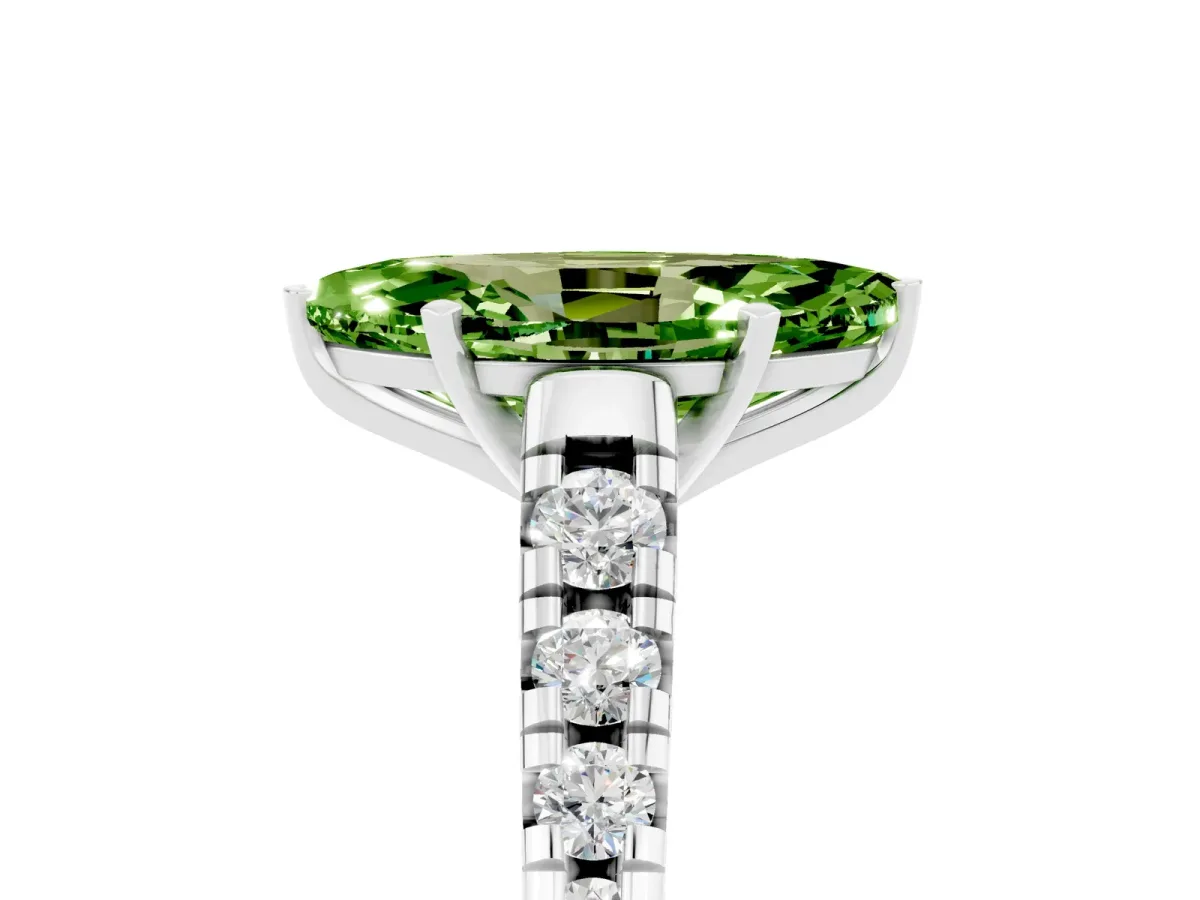 Marquise Cut Peridot Cathedral Solitaire Ring with Round Pavé Band Silver