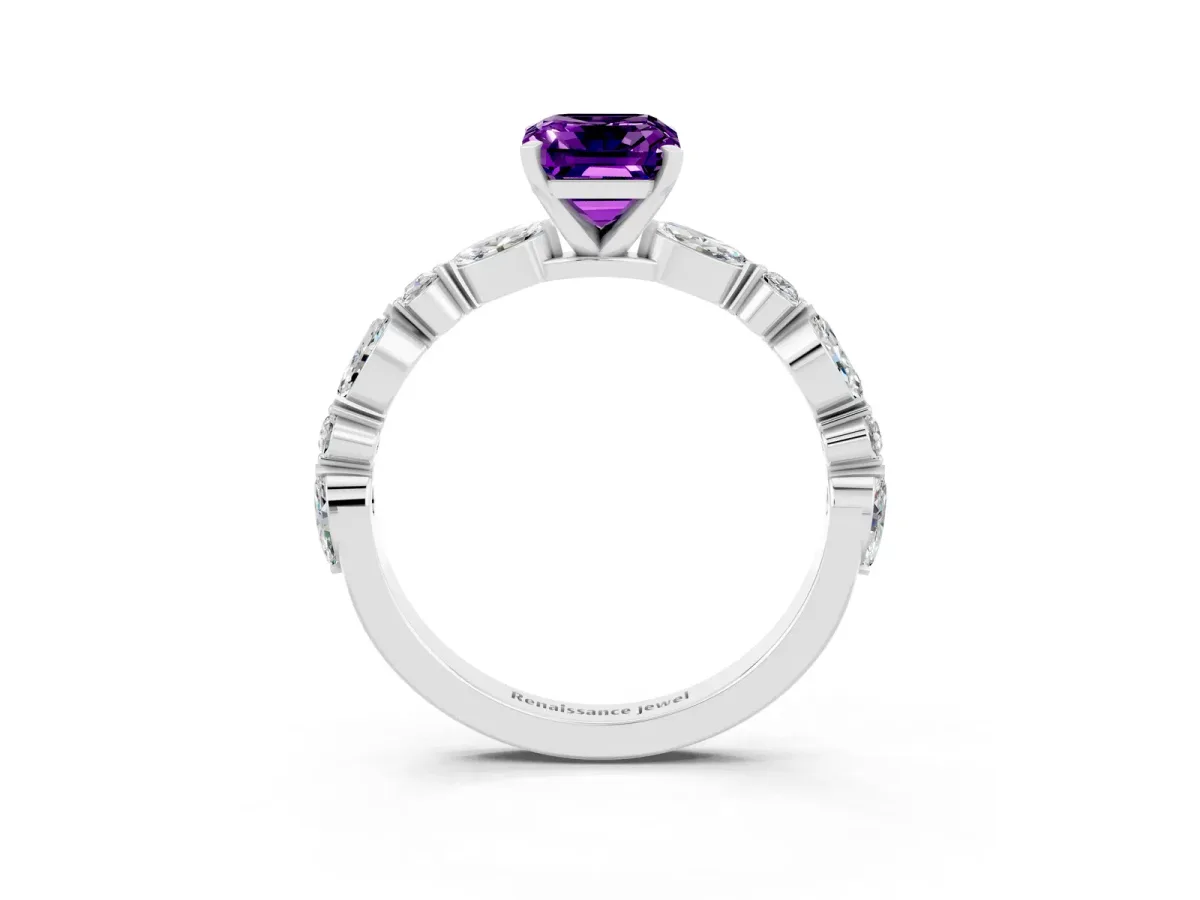 Emerald Cut Amethyst Ring with Marquise and Round Side Stones and Four-Prong Setting Silver