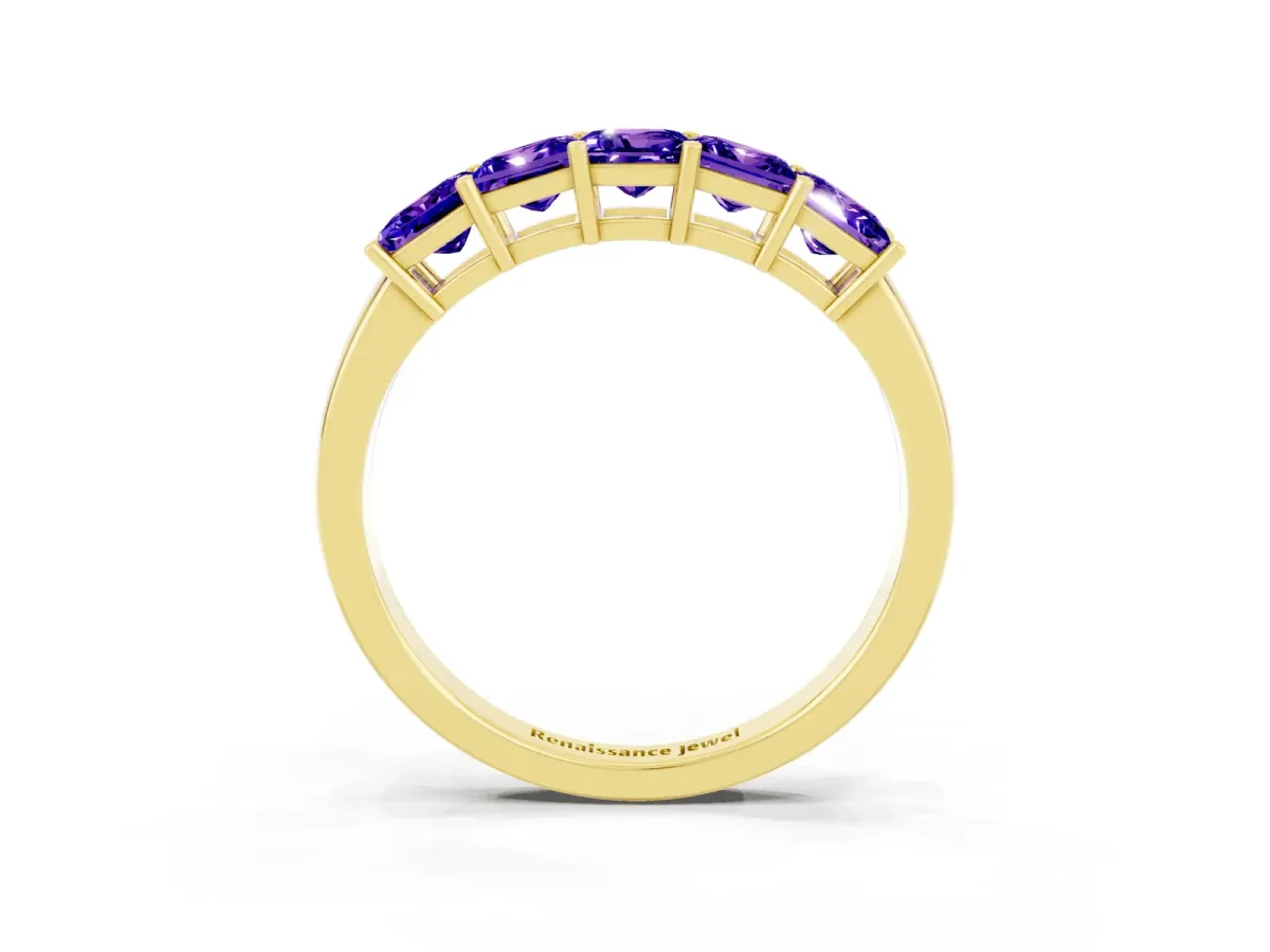Princess Cut Five-Stone Tanzanite Band with Prong Setting Yellow gold
