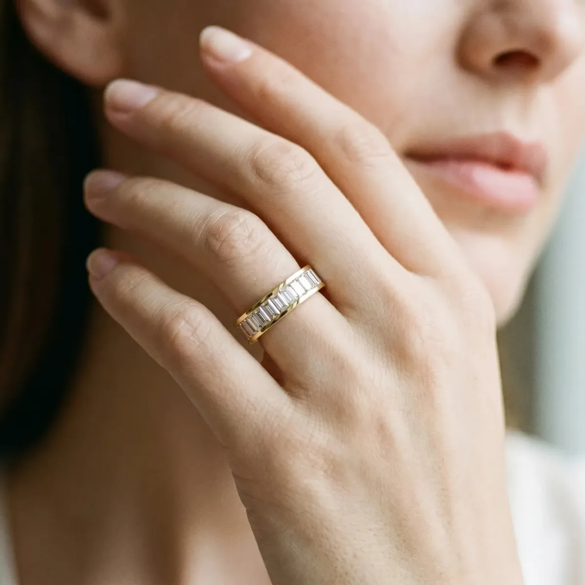 baguette Cut eternity band with channel set Yellow gold