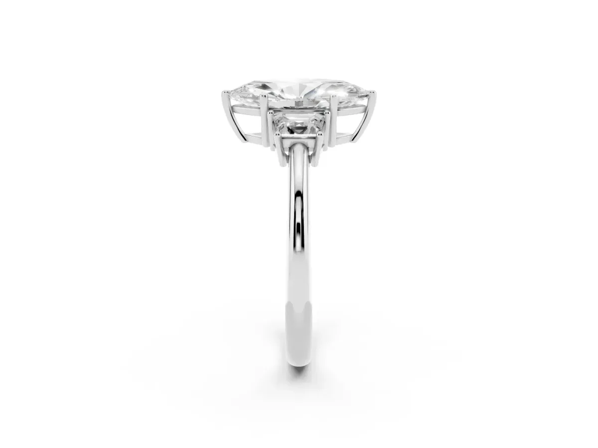 Marquise Cut Diamond Three-Stone Ring with Trapezoid Side Stones and Prong Setting Silver