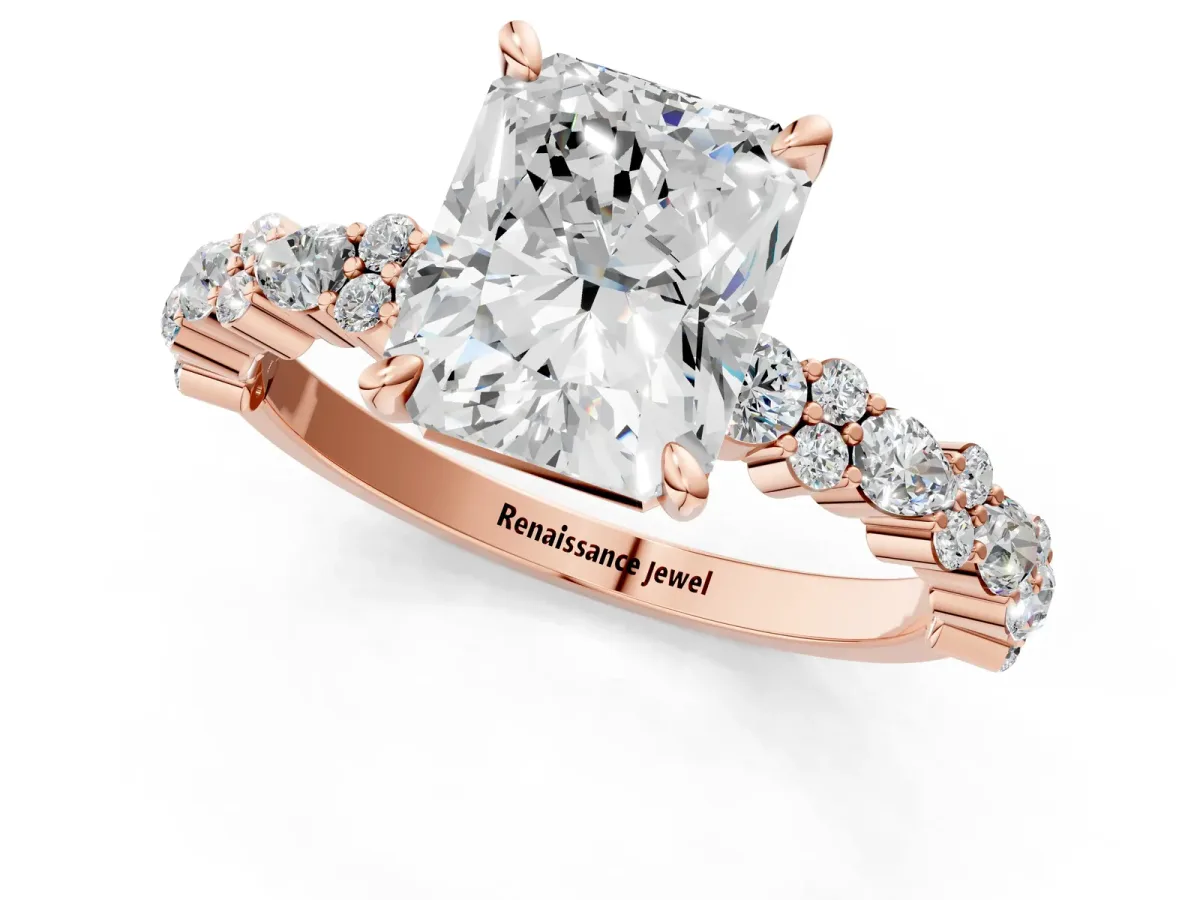Radiant Cut Diamond Side Stone Solitaire Ring with Round and Four-Prong Setting Rose gold