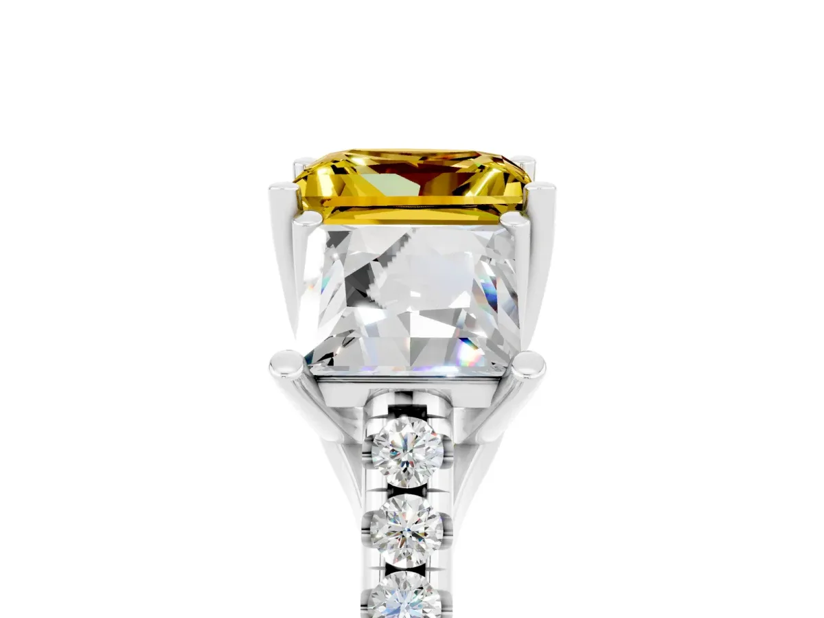 Three-Stone Princess Cut Yellow Sapphire Ring with Round Pavé Band and Prong Setting Silver