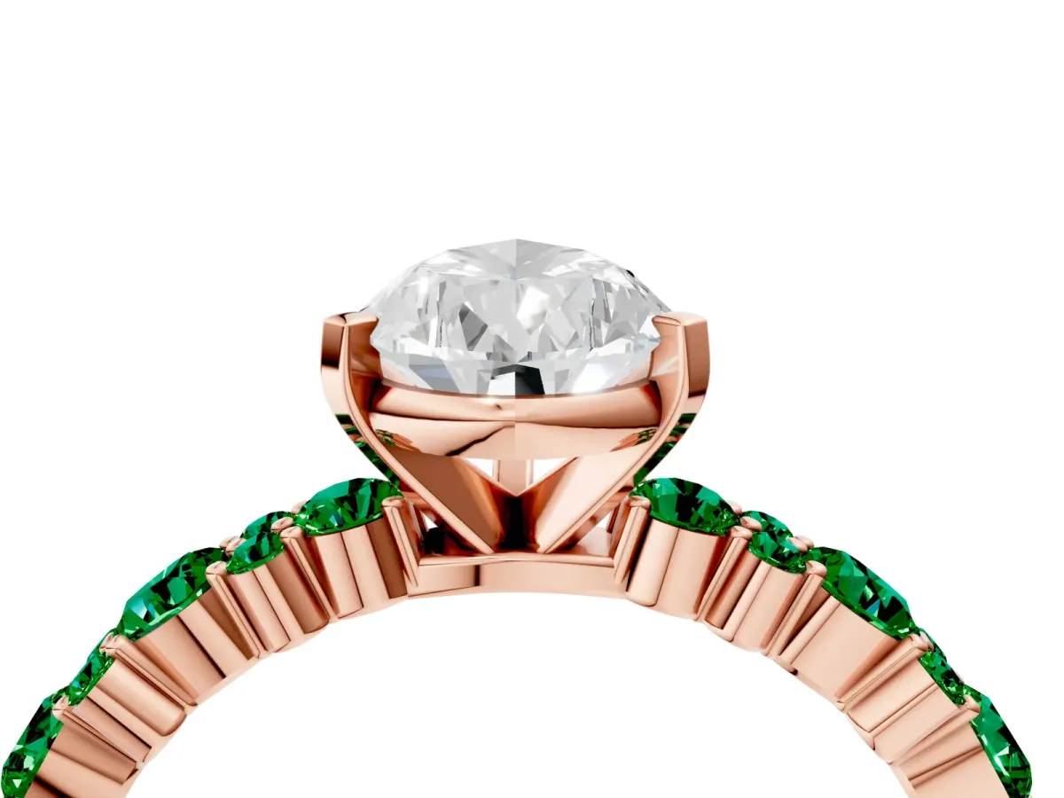 Pear Cut Diamond Side Stone Solitaire Ring with Round Emerald and Four-Prong Setting Rose gold