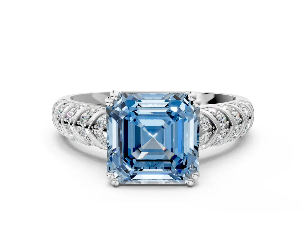 Fancy Blue Asscher Cut Solitaire Chevron Pave Diamond Engagement Ring with Six-Prong Setting Platinum