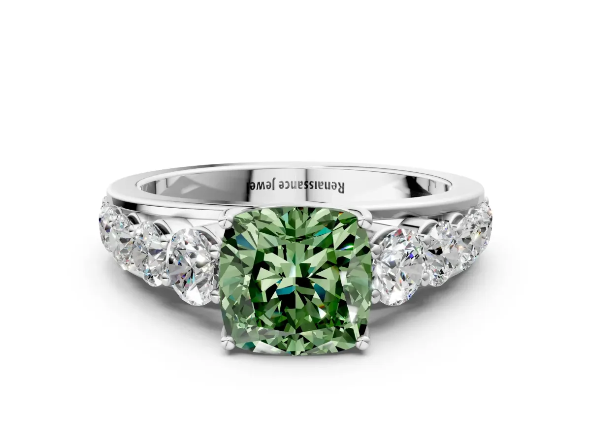 Fancy Green Cushion Cut Brilliant Diamond Pavé Band with Six-Prong Setting Silver