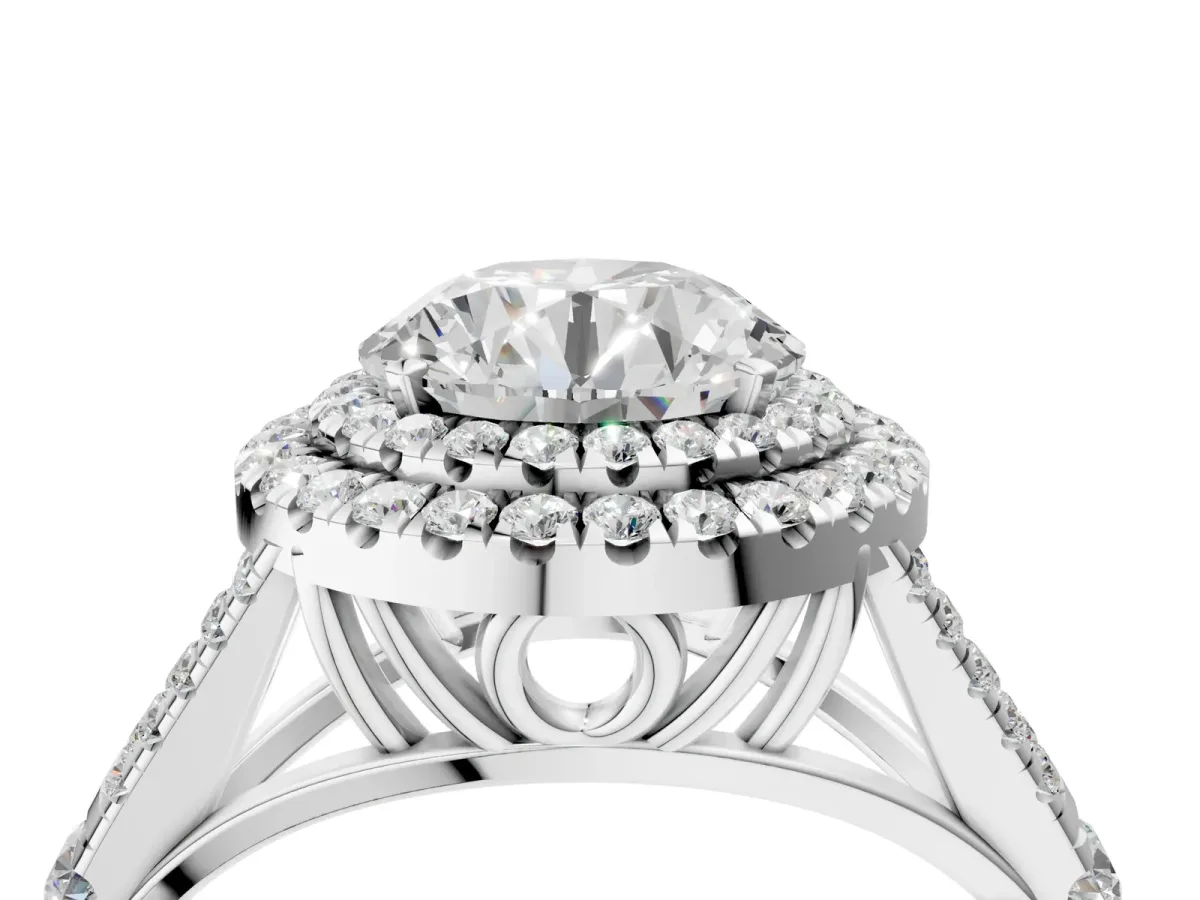 Round Cut Diamond Double Halo Ring with Split Shank and Prong Setting Platinum