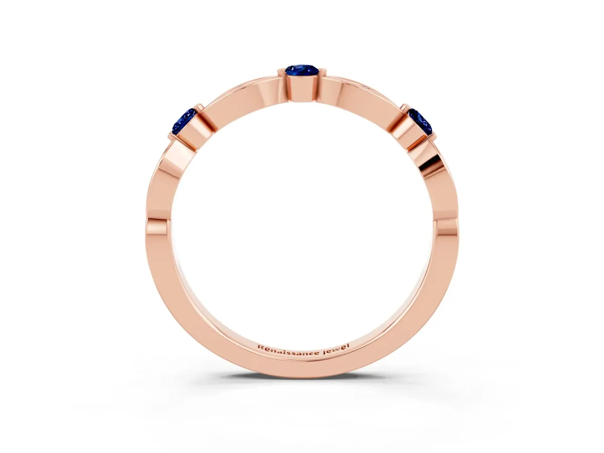 Marquise and Round Blue Sapphire Milgrain Band with Bezel Setting Rose gold