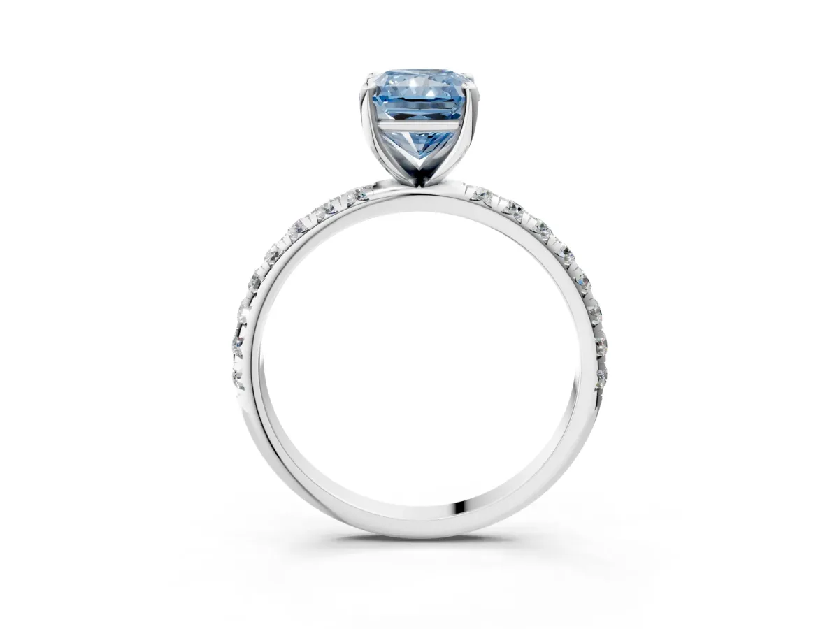 Fancy Blue Radiant Cut Cut Diamond Solitaire Ring with Micro Pave Band and Four Prong Setting Platinum