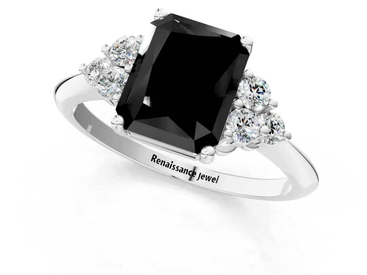 Fancy Black Radiant Cut Cut Diamond Cluster Ring with Solitaire Band and Four-Prong Setting Platinum