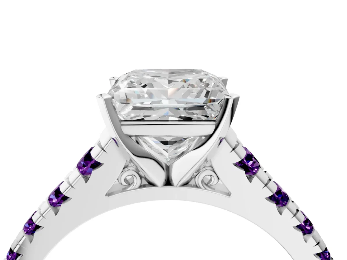 Princess Cut Diamond Cathedral Solitaire Ring with Round Amethyst Pavé Band Silver